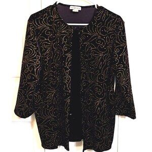 Notations L 2for1 Velvet Sparkle 3/4 Sleeve Holiday Party Top Gold Accents